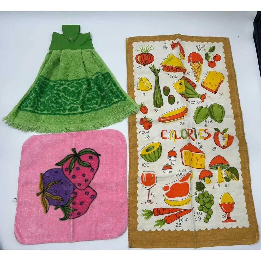 VTG 70s Kitchen Towel 17 pc Lot Mushroom Owl Retro Vegetable Linens Fabric Flaw